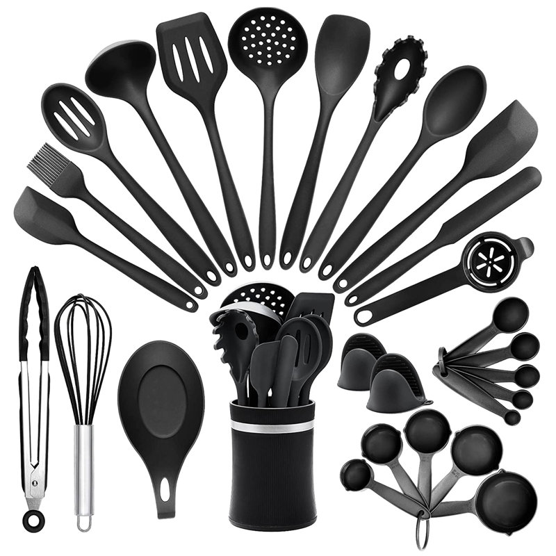 Ensemble 28 ustensiles de cuisine en silicone 28 pièces, sans BPA, antiadhésif, noir
