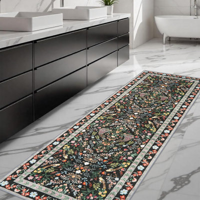 Tapis de couloir de couloir lavable 2 x 6: tapis de chevet rétro antidérapant à motif floral à poils courts pour tapis de salle de bain dans la chambre à coucher, tapis antidérapant pour salle à manger, bureau, paillasson durable (noir / floral, 2 