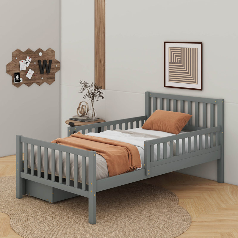  Lit plateforme en bois avec garde-corps et 2 tiroirs, Gris, Lit simple