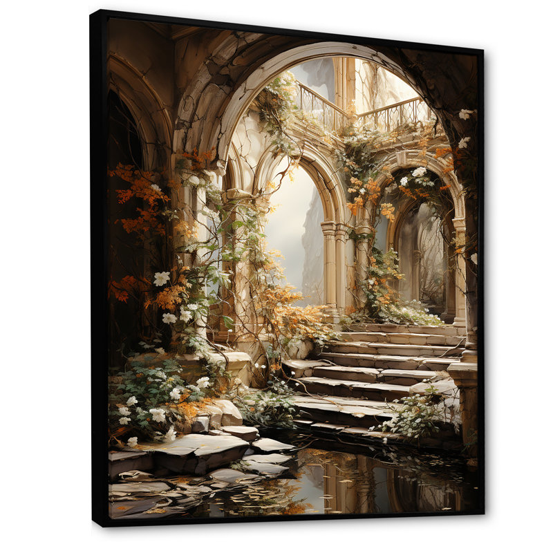 Ruines anciennes Blooms III - Art mural fantastique, Cadre flottant noir, H 40 po x l 30 po x P 1,5 po