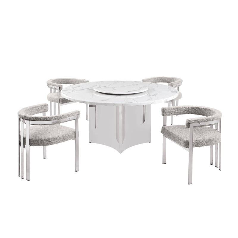 Ensemble de salle à manger en marbre blanc avec chaises Lazy Susan et Boucle, Gris riche, Argent argent