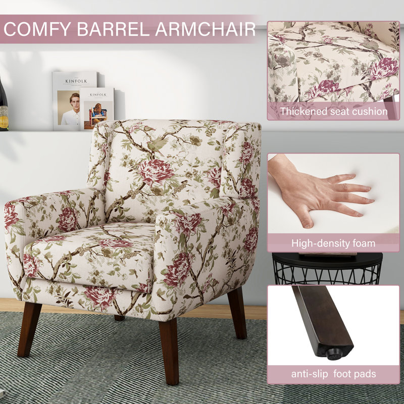 Jaqueze Upholstered Pattern Floral Linen Blend Tufted Wide Back Armchair with Solid Wood Leg, Cream/Pink Linen Blend