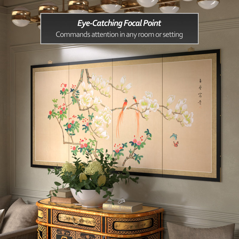 24" Love Birds 4 Panel Room Divider, 36" H x 72" W x 0.63" D