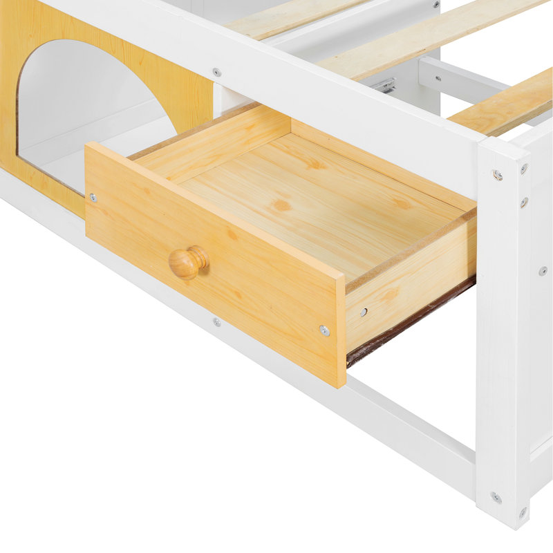 Lit plateforme en bois avec bibliothèque, lumière DEL et tiroir, Lit double, Blanc/naturel
