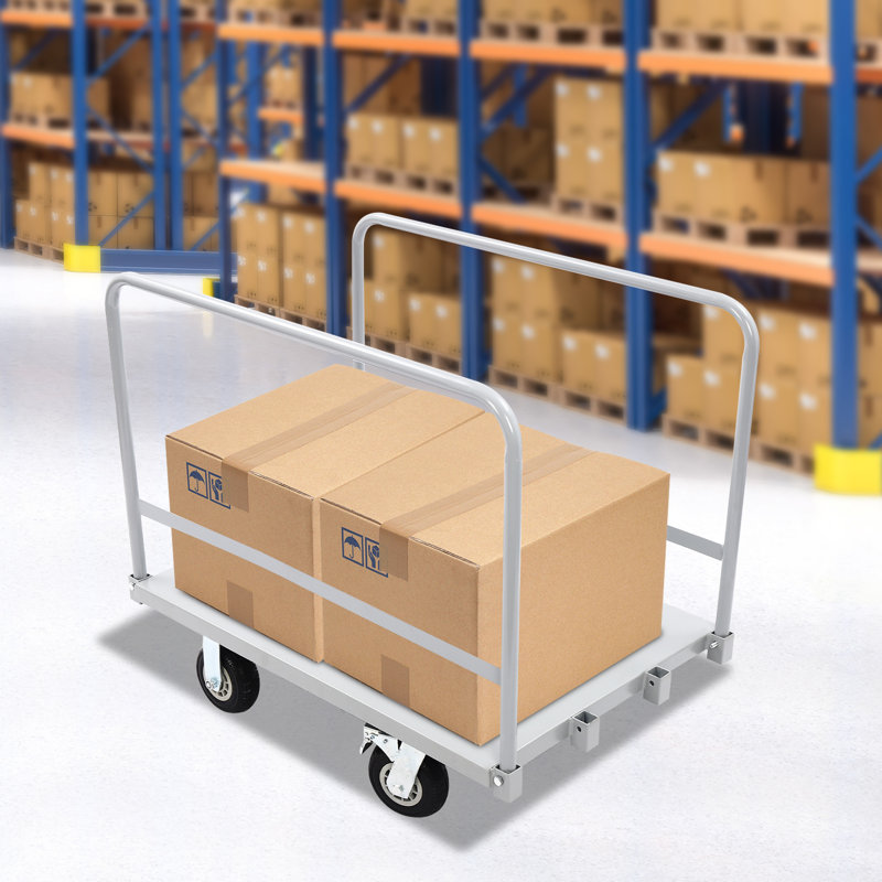 Steel Plate Trolley 2000Lbs 36*24In With Front Handrail And 2 Side Handrails Silver