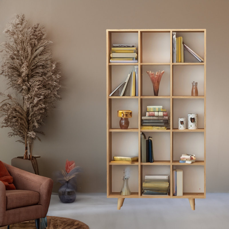 Bibliothèque moderne en chêne, 5 tablettes, 39,4 x 72,4 x 9,8 pouces | 100% panneau de particules enduit de mélamine, épaisseur: 0,7 pouce | Design scandinave mural, finition brune élégante pour la maison et le bureau