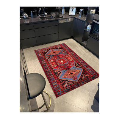 Tapis décoratif vintage bleu et rouge à motifs lavables à la machine