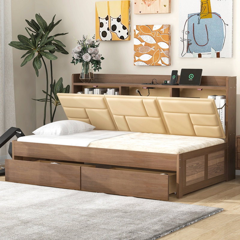 Lit de jour en bois avec tablettes de rangement rembourrées, ports USB et 2 tiroirs, Simple