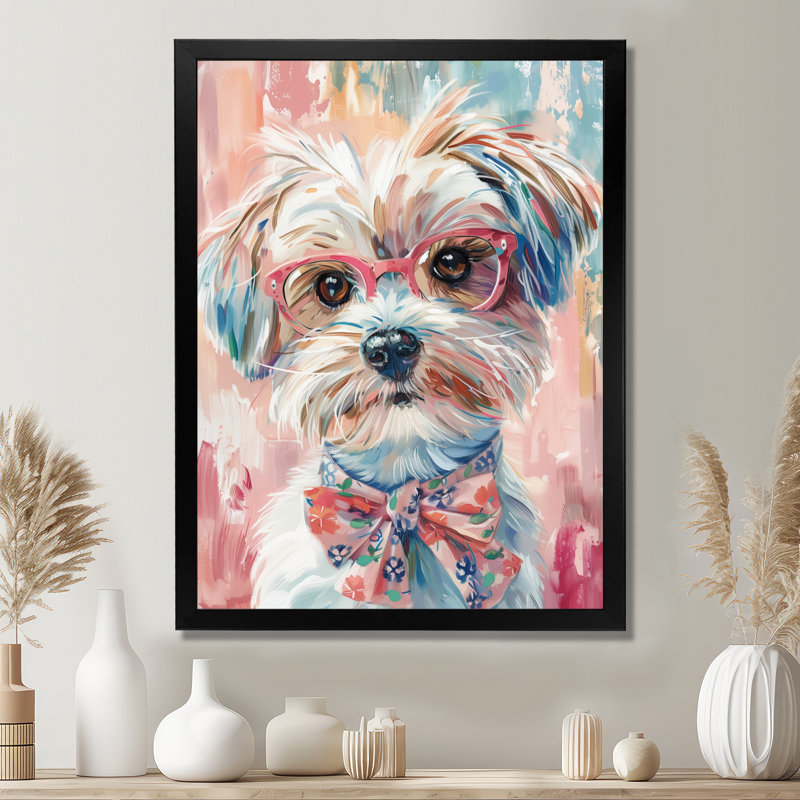 Curieux Shih Tzu rose et gris avec lunettes III, Cadre simple noir, H 20 po x l 12 po x P 1 po