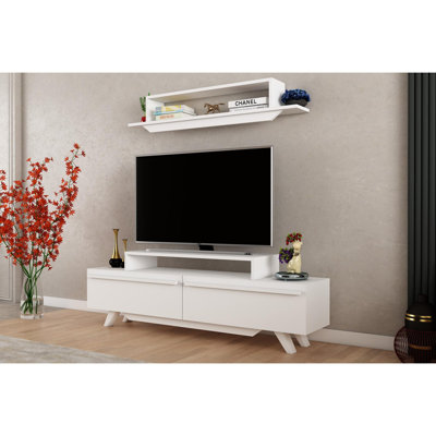 Modern TV Unit with Wall Shelf, White, 59.1 x 19.3 x 12.2 inches | 100% Melamine Coated Particle Board, Thickness: 0.7 inches | Stylish Design Perfect for Living Room & Entertainment Spaces, Durable & Elegant