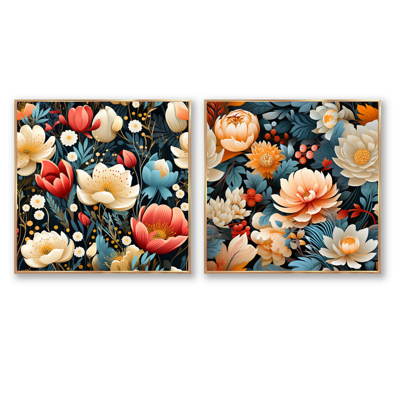Danville - Ensemble de 2 collages floraux carrés, Cadre flottant doré, H 36 po x l 73 po