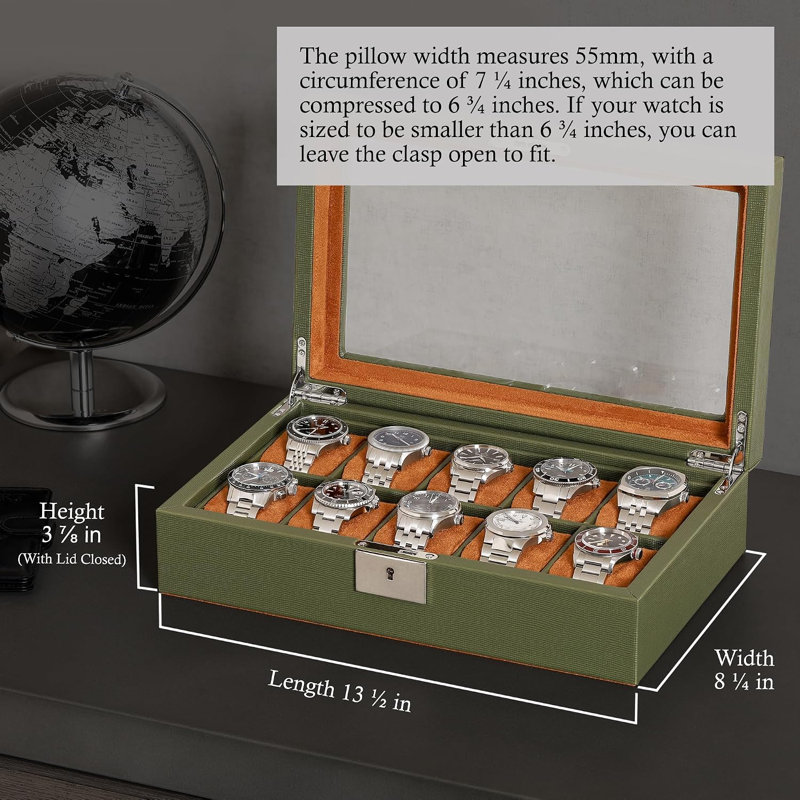 Boîte à montres en cuir à 10 emplacements - Présentoir de luxe pour bijoux - Étui de présentation verrouillable avec grand couvercle en verre - Boîte de rangement (Vert/Beige)