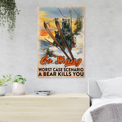 Bears Skiing On Snow - Go Skiing - 1 Piece Rectangle Graphic Art Print On Wrapped Canvas