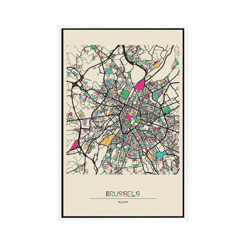 Brussels, Belgium Map by Ayse Deniz Akerman - Print on Canvas, 152.5 cm H x 101.5 cm W, White Floater Frame