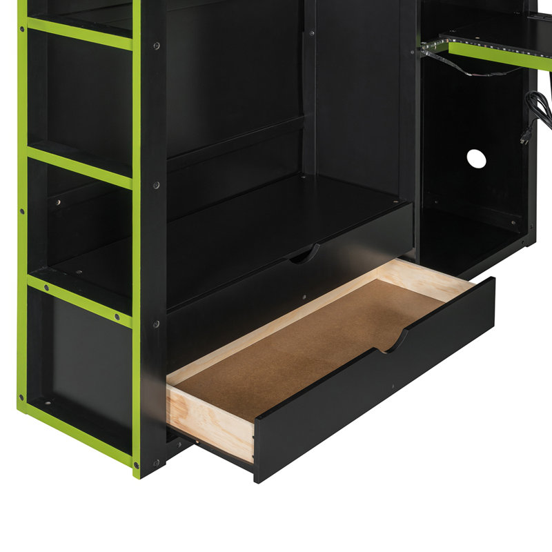 Lit mezzanine double en bois avec bureau, garde-robe, grand espace de rangement et lumière DEL RVB, Vert