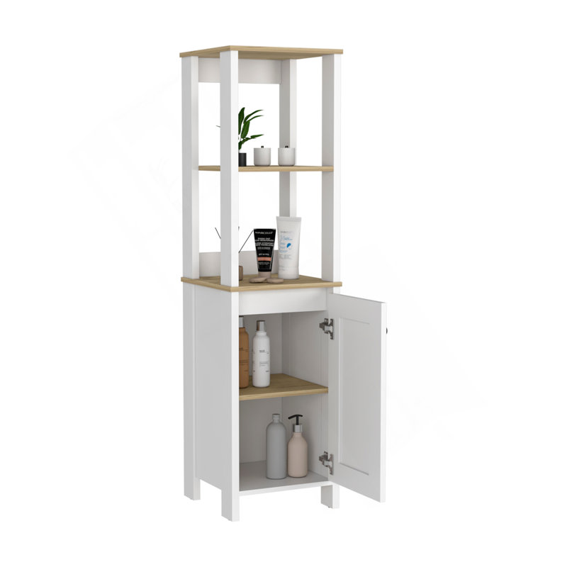 Armoire à linge Jannès, deux tablettes ouvertes, une porte, finition chêne clair / blanc, Chêne clair