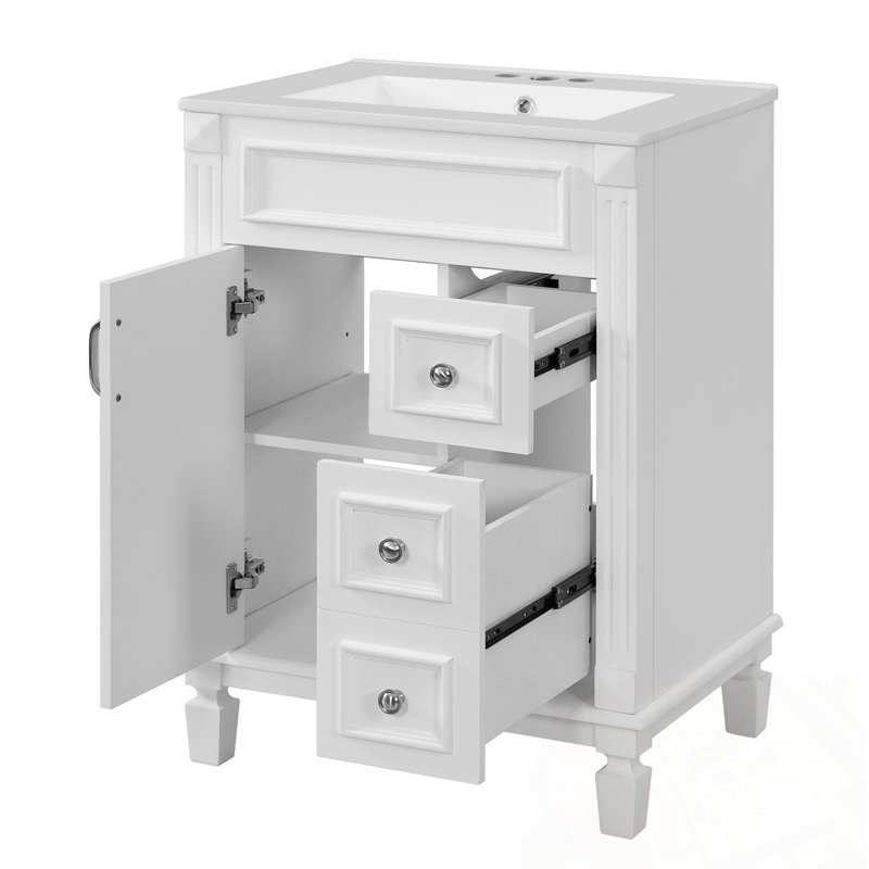 Meuble-lavabo avec lavabo en cÃ©ramique, 2 tiroirs et une tablette rÃ©glable, Blanc