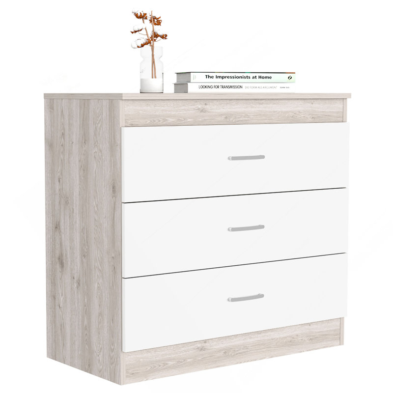 Commode H 29 po, trois tiroirs, quincaillerie en métal, plateau supérieur, gris clair / blanc