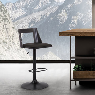 Milan Adjustable Swivel Black Faux Leather And Black Wood Bar Stool With Black Base