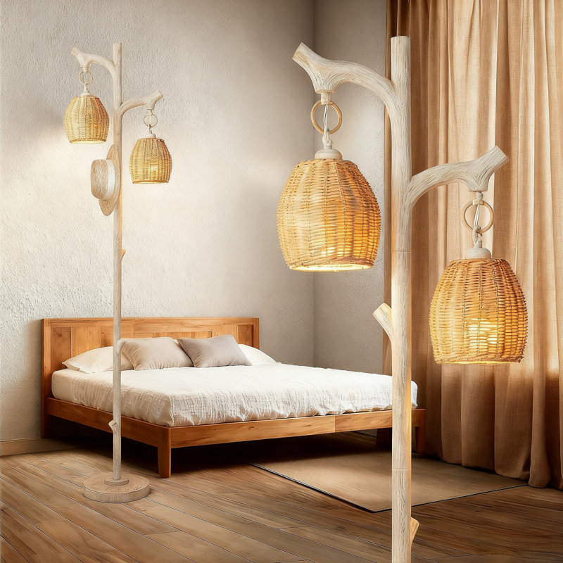 Rustic Floor Lamp With 2 Wicker Drum Shades - 68 Inch Tree Trunk Design Standing Lamp With Dimmable Foot Switch, Farmhouse Lighting For Living Room, Bedroom, Office