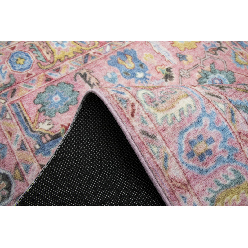 Tapis rose rembourré antidérapant 1/4 po de qualité supérieure rose Oushak, Rectangle 4 pi x 6 pi