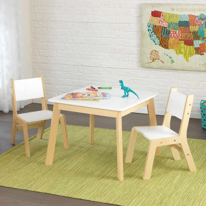 Wooden Modern Table & 2 Chair Set, Children's Furniture, White & Natural, White