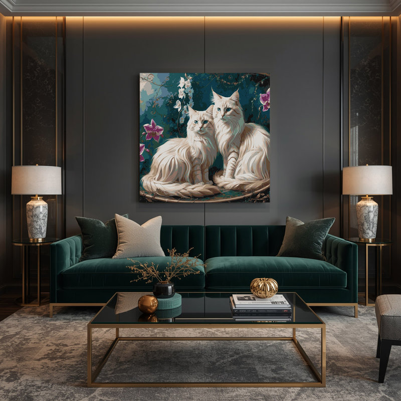 Chats, art balinais sur toile bleu, H 12 po x l 12 po