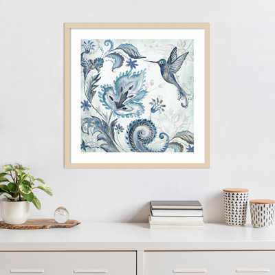 «Watercolor Boho Blue Hummingbird II» par Tre Sorelle Studios, reproduction d'art encadrée sur bois
