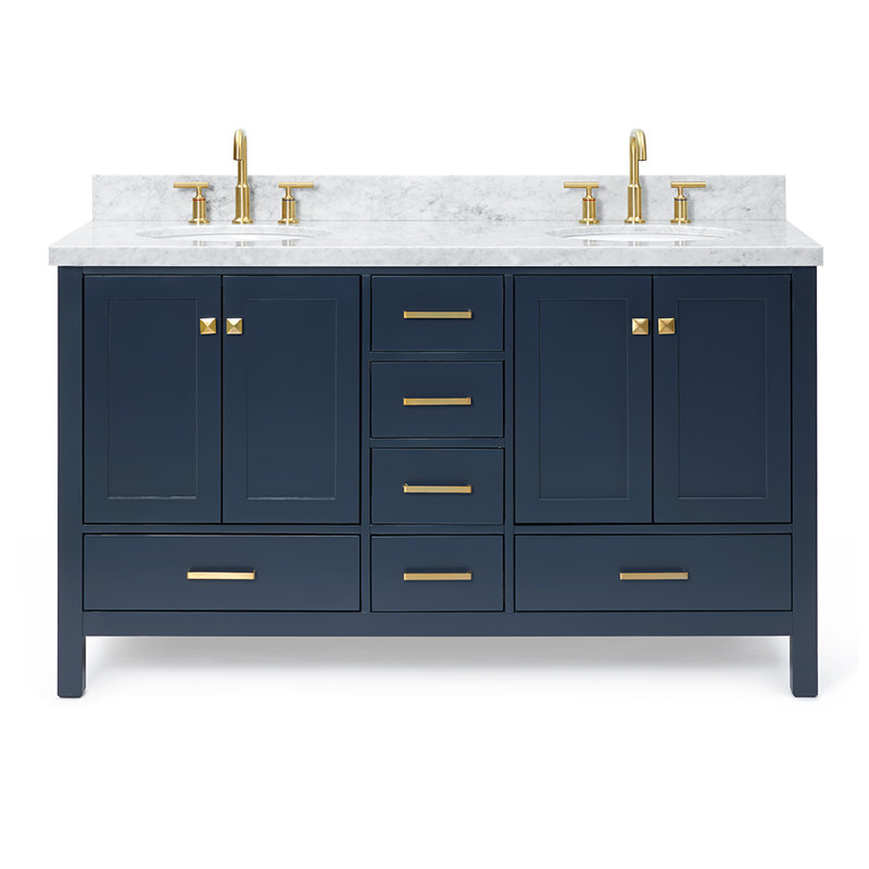 Ensemble de meuble-lavabo double 61 po Cambridge, Bleu minuit / laiton satiné, Ovale