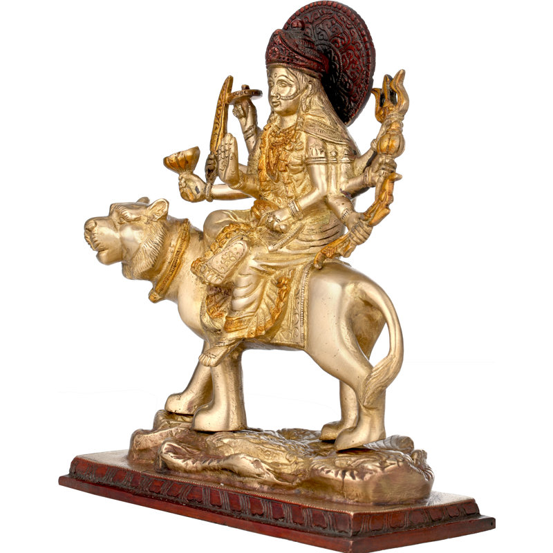 Durga en laiton, assise sur un lion, Brun / Doré
