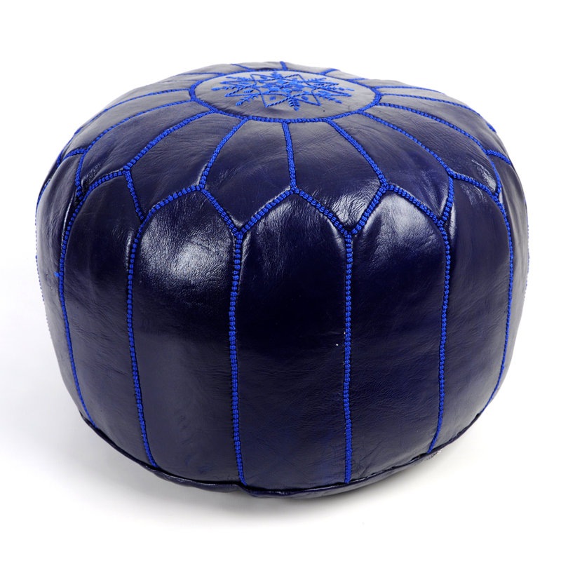 Upholstered Pouf, Morrocan Leather Royal Blue, Royal Blue