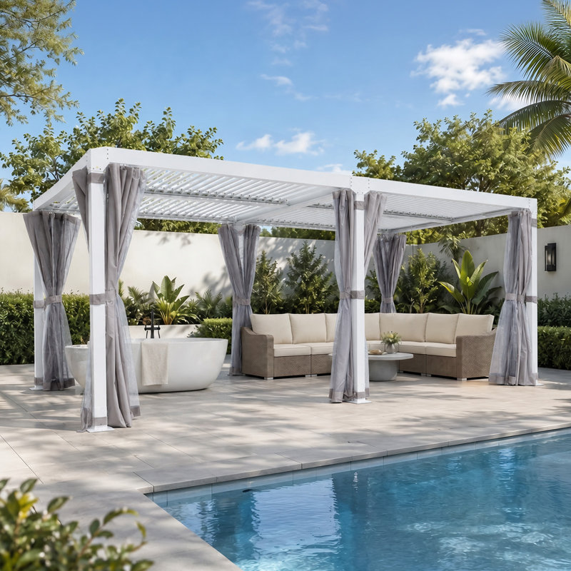 Pergola à persiennes Aurestead, pergola réglable en aluminium avec toits à persiennes indépendants, rideaux et moustiquaire