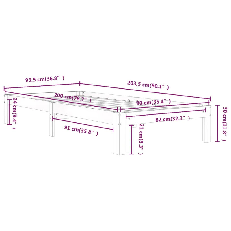 Bed Frame Solid Wood, European Single (90 x 200cm), White