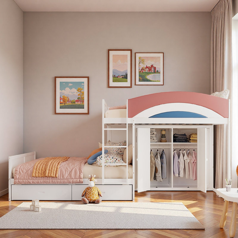 Bunk Bed With Upholstered Guardrail, Drawers, Wardrobe And Built-in Hanging Rod, White