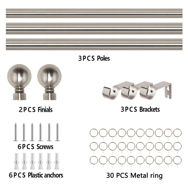 Altadena Adjustable Single Curtain Pole, 300cm W x 3cm D, Nickel