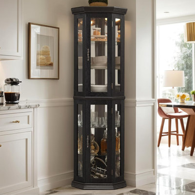 Eyisean Corner Curio Cabinet with Light Bulb, Tempered Glass Doors, Floor Standing Glass Display Cage with 6 Tempered Glass Shelves, Wine Cabinet Storage Rack for Bar and Liquor Storage