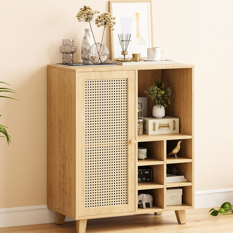 Buffet de 34 pouces avec vin, buffet de salon à la maison, une tablette fermée et deux tablettes ouvertes, - porte d'entrée, idéal pour une utilisation dans une cuisine, armoire de bar, 6 espaces, design, longue durée convenant à diverses pièces