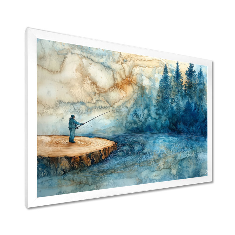 Gerrie, glissade sur bois, pêche dans la rivière d'hiver - Chasse et pêche, art mural, 24" H x 32" W, White
