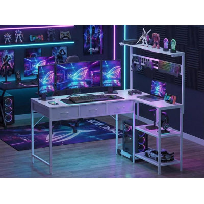 50.4" l Shaped Computer Desk with Power Outlets & LED Lights, Reversible Home Office Desk with 3-Tier Storage Shelves & Drawer, Corner Gaming Desk for Study Room, Living Room