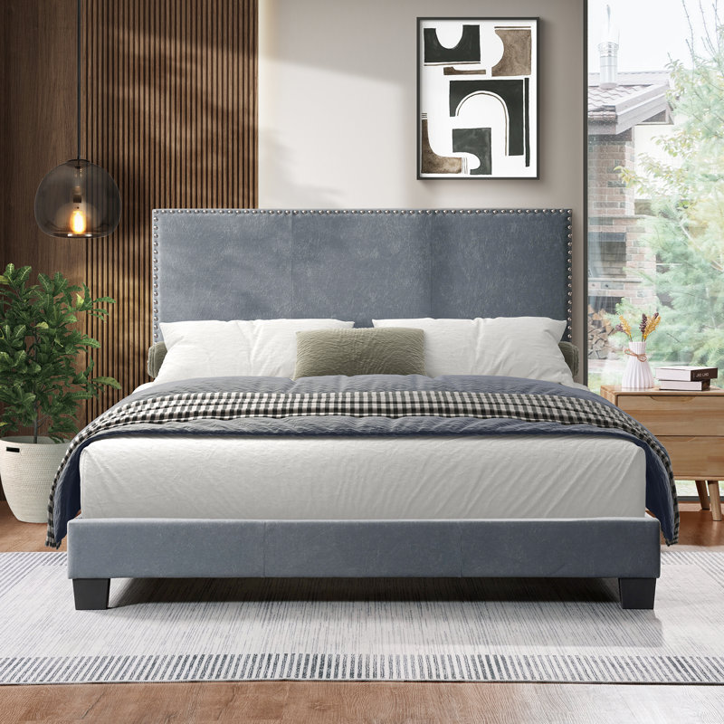 Lit plateforme tapissier en lin avec structure en bois, Gris, Grand lit
