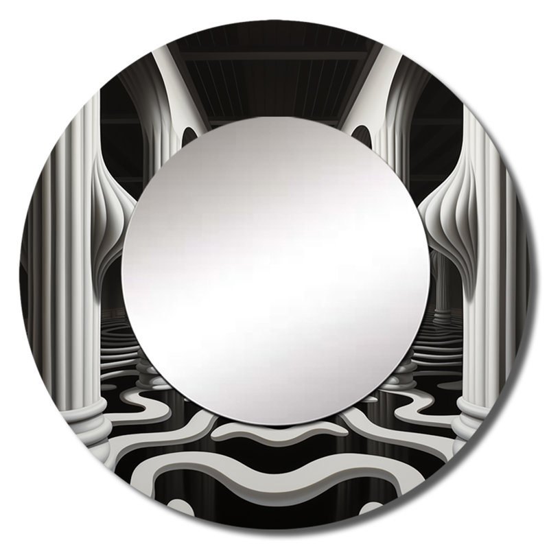 Black White Optical Art Dream II - Op Art Mirror, Modern Round Decorative Wall Mirror, Printed Metal Art, 36" x 36"