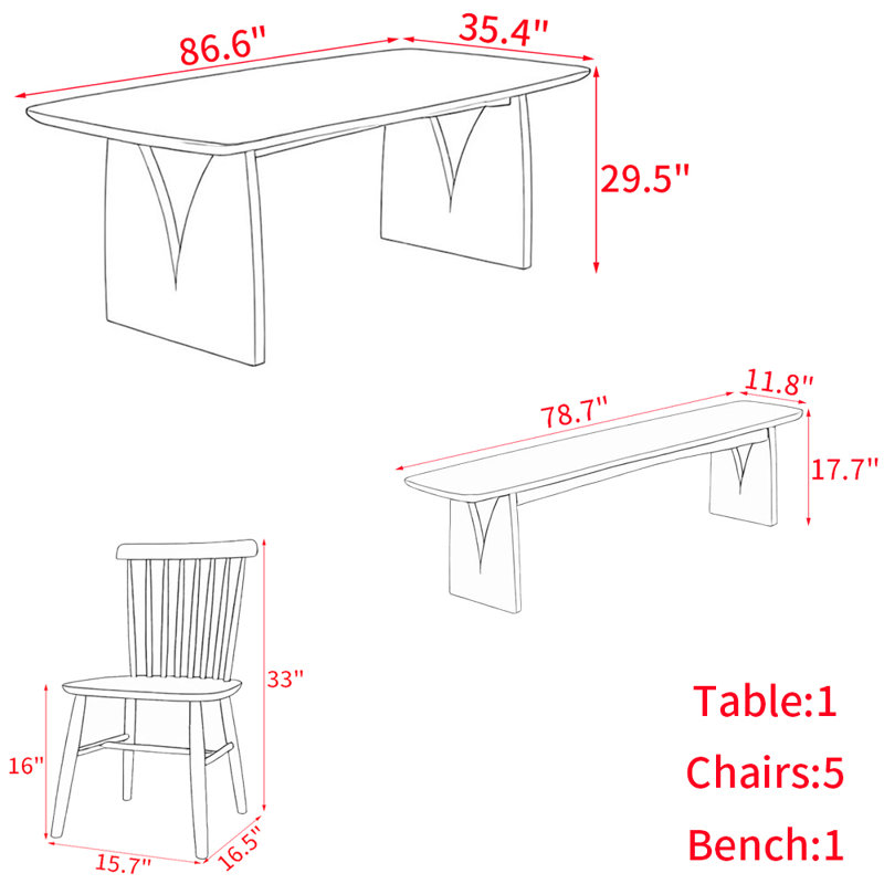 Rectangular modern solid wood dining table set, 29.5"H x 86.6"L x 35.4"W