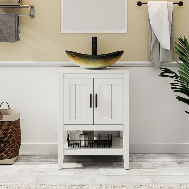 Ensemble de meuble-lavabo simple 24 po avec lavabo vasque, robinet et drain Sharee, assemblage requis, Blanc