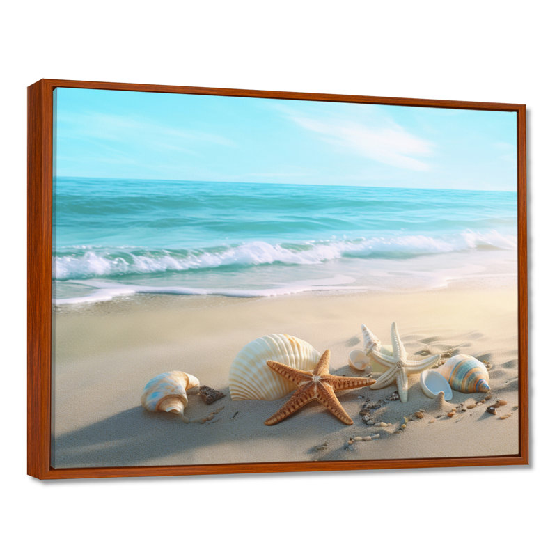 Bord de mer côtier - plage moderne, art mural, H 34 po x l 44 po x P 1,5 po, Cadre flottant brun