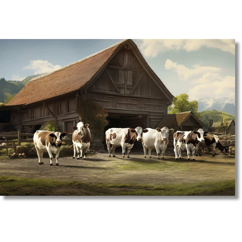 «Rustic Farm with Cows», art mural en verre trempé sans cadre - 40 po x 60 po