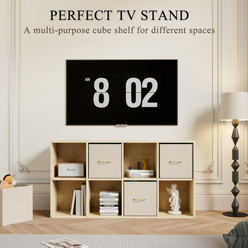 8 Cube Storage Organizer - Solid Wood Bookshelf With 4 Storage Bins, Cube Shelf With 2 Removable Back Panels, Vertical Or Horizontal Bookcase, Open Book Shelf For Bedroom, Living Room, Office