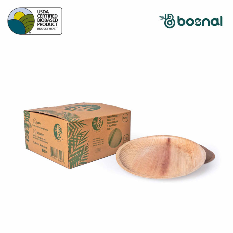 Bosnal - Palm Leaf Biodegradable Plates; 9 inch, Round, 25 pcs, Compostable, Bamboo and Wood Style, Stackable, Restaurant Grade, Alternative to Paper Plates
