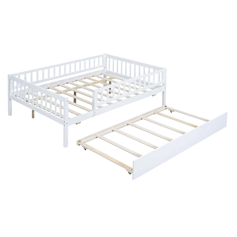 Lit de jour en bois avec couchette et barrière de sécurité, Lit double, Blanc