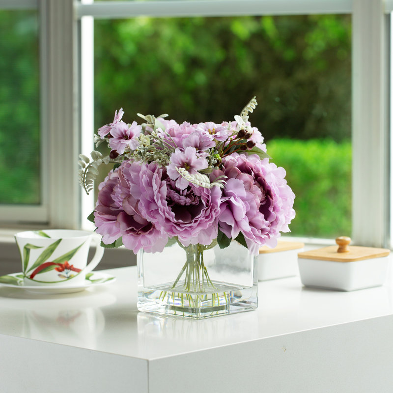Silk Peony Arrangement in Vase, Purple
