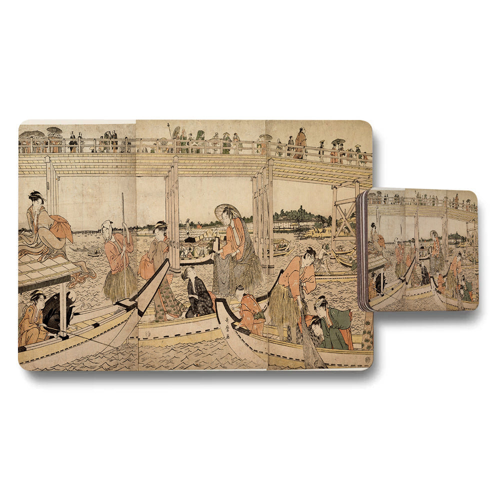 Vintage River Scene Placemat And Coaster Set With Ukiyoe Print